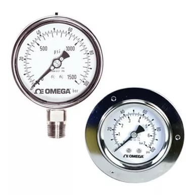 Omega PGM-100L-30V15/-1/1BAR : Liquid Fillable Industrial Pressure Gauge, Stainless Steel Compound Type, 1/2 " NPT Male, -1 bar to 1 bar, ± 1 % Accuracy, > 0.25 % Class, 100 mm Dial, Bottom Mount, Dual Scale, PGM Series, Each